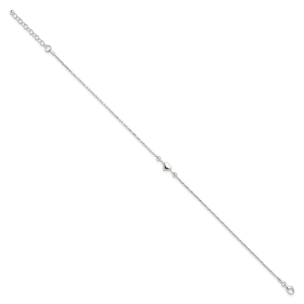 Sterling Silver Polished Heart 9in Plus 1in ext. Anklet - Image 2