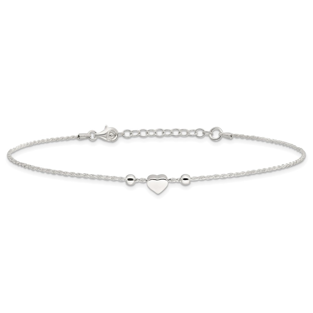 Sterling Silver Polished Heart 9in Plus 1in ext. Anklet - Image 3