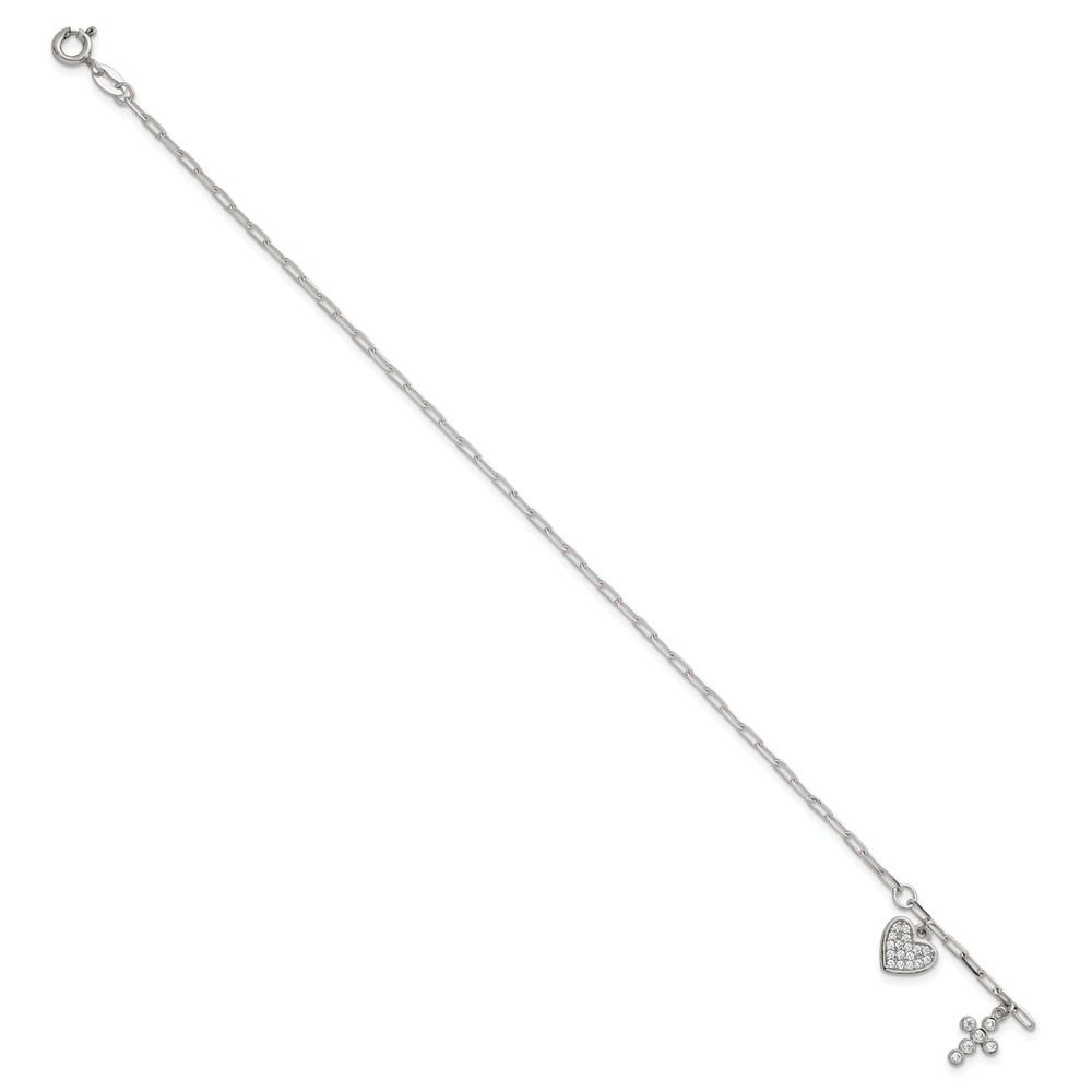 Sterling Silver Polished CZ Heart and Cross Charm w/ 1in Ext Bracelet - Image 2