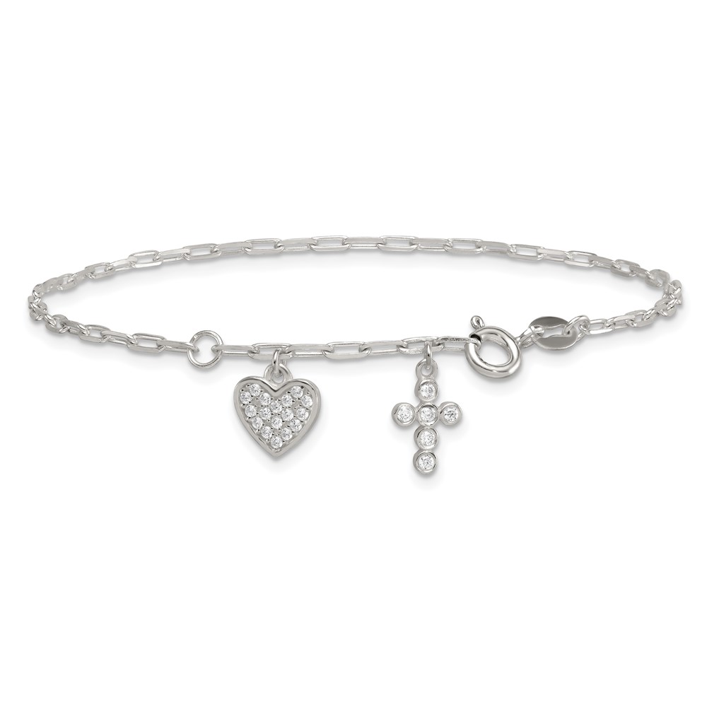 Sterling Silver Polished CZ Heart and Cross Charm w/ 1in Ext Bracelet - Image 3