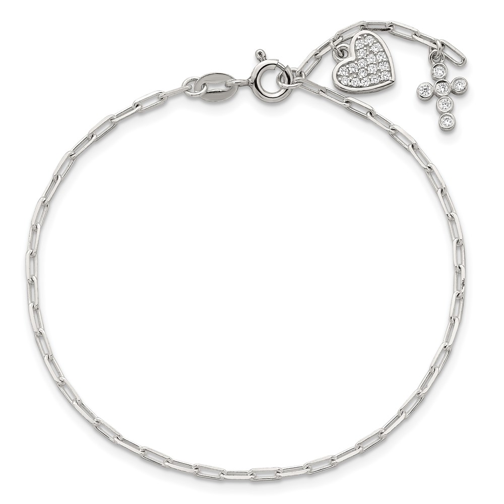 Sterling Silver Polished CZ Heart and Cross Charm w/ 1in Ext Bracelet - Image 4