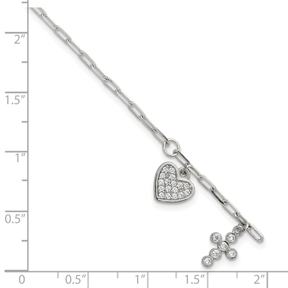 Sterling Silver Polished CZ Heart and Cross Charm w/ 1in Ext Bracelet - Image 5